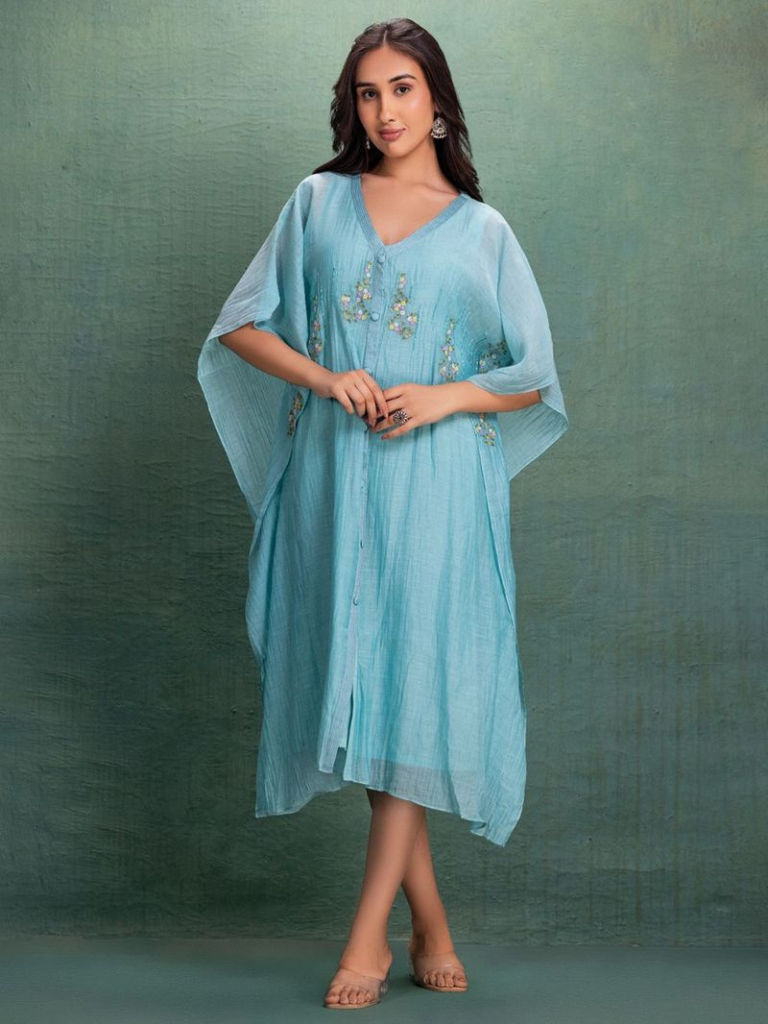 Blue Embroidered Chanderi Dress with Inner
