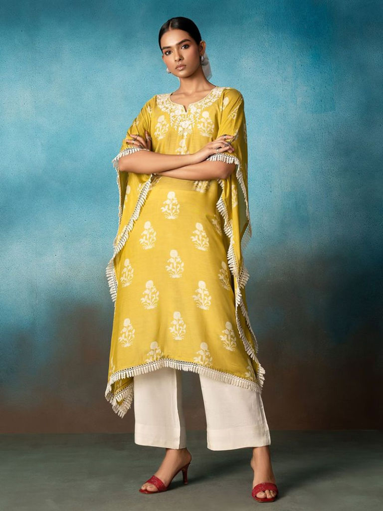 Lime Green Printed Muslin Kaftan with Pants