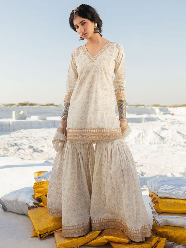 Cream Printed Cotton Sharara Suit