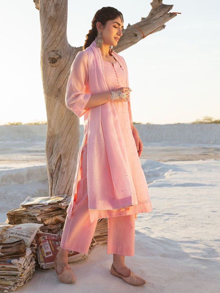 Pink Hand Embroidered Kota Doria Cotton Suit