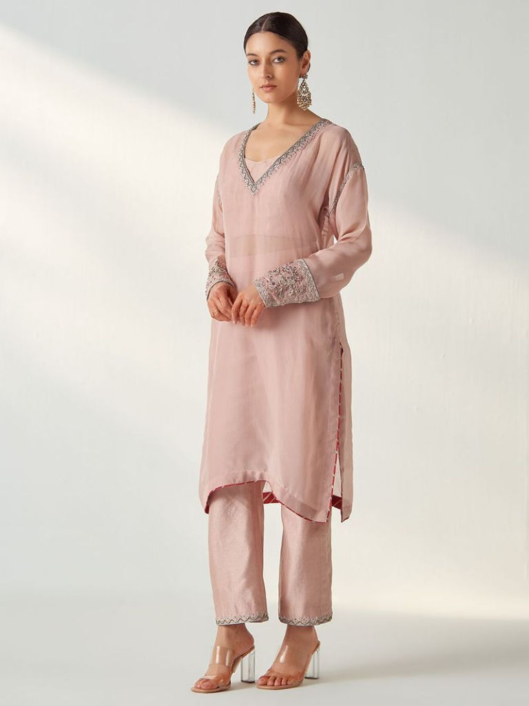 Light Pink Embroidered Organza Kurta with Slip and Pants