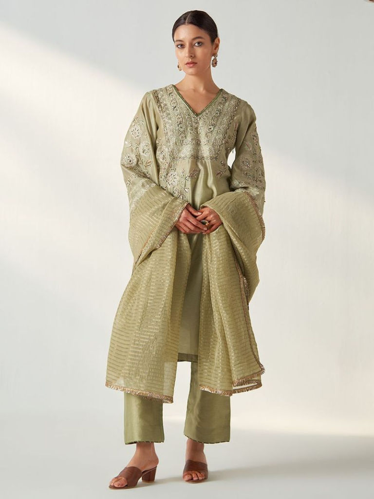 Light Green Hand Embroidered Chanderi Suit
