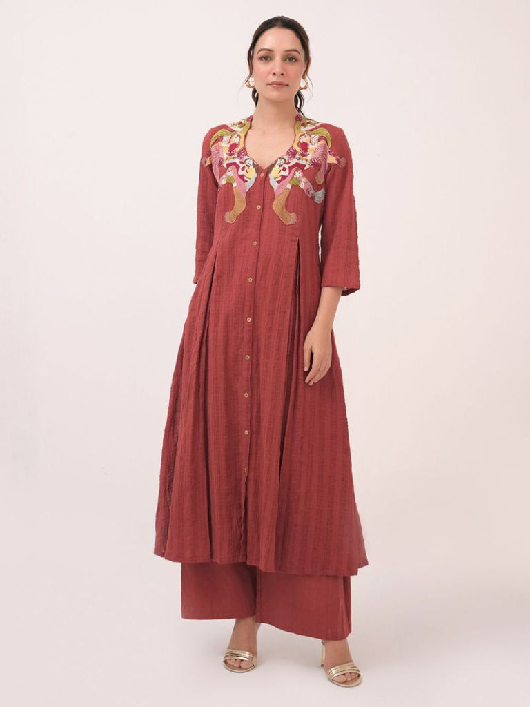 Red Hand Embroidered Cotton Kurta with Pants