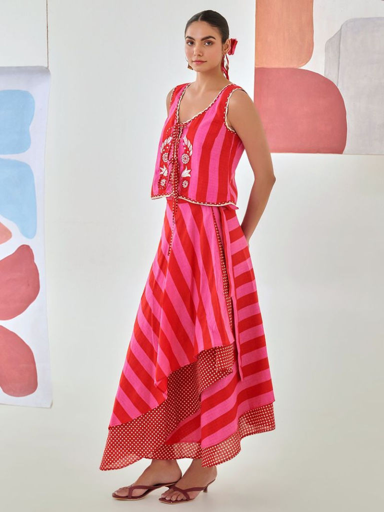 Fuchsia Red Embroidered Cotton Top with Skirt