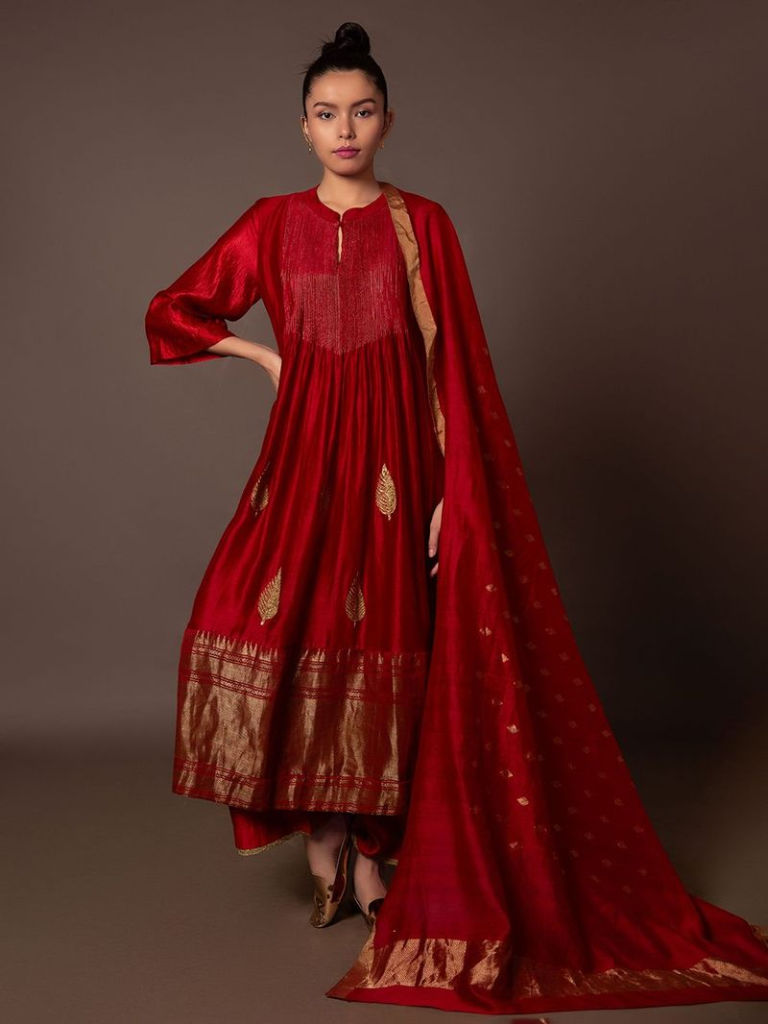 Red Hand Embroidered Banarasi Silk Suit