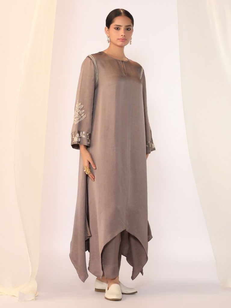 Grey Hand Embroidered Linen Satin Kurta with Pants