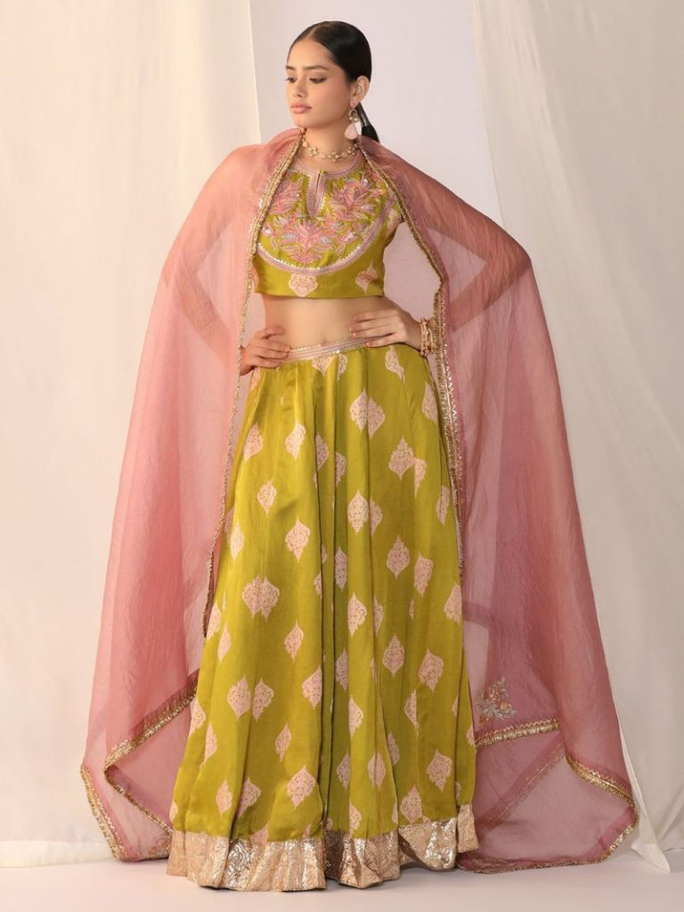 Green Hand Block Printed Satin Embriodered Lehenga Set