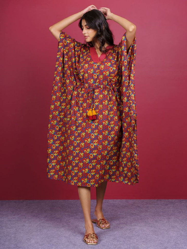 Red Bagru Hand Block Printed Cotton Kaftan