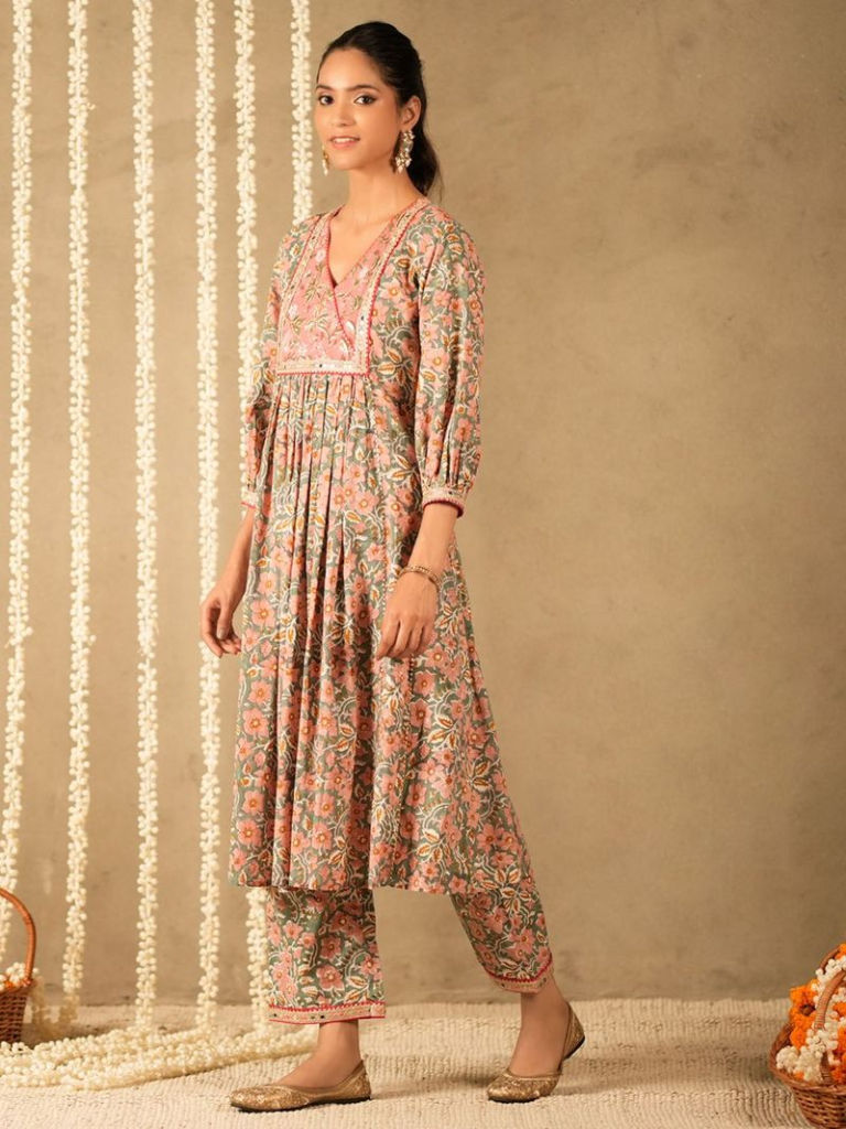 Green Pink Hand Block Printed Cotton Kurta
