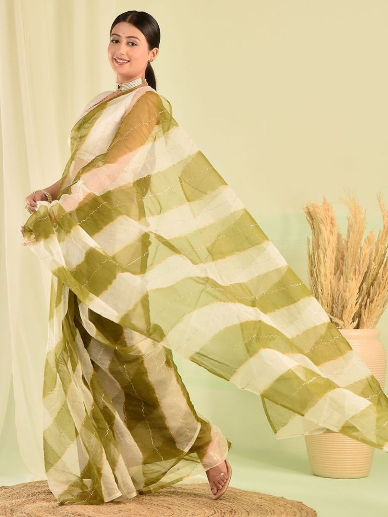 Green Leheriya Organza Saree