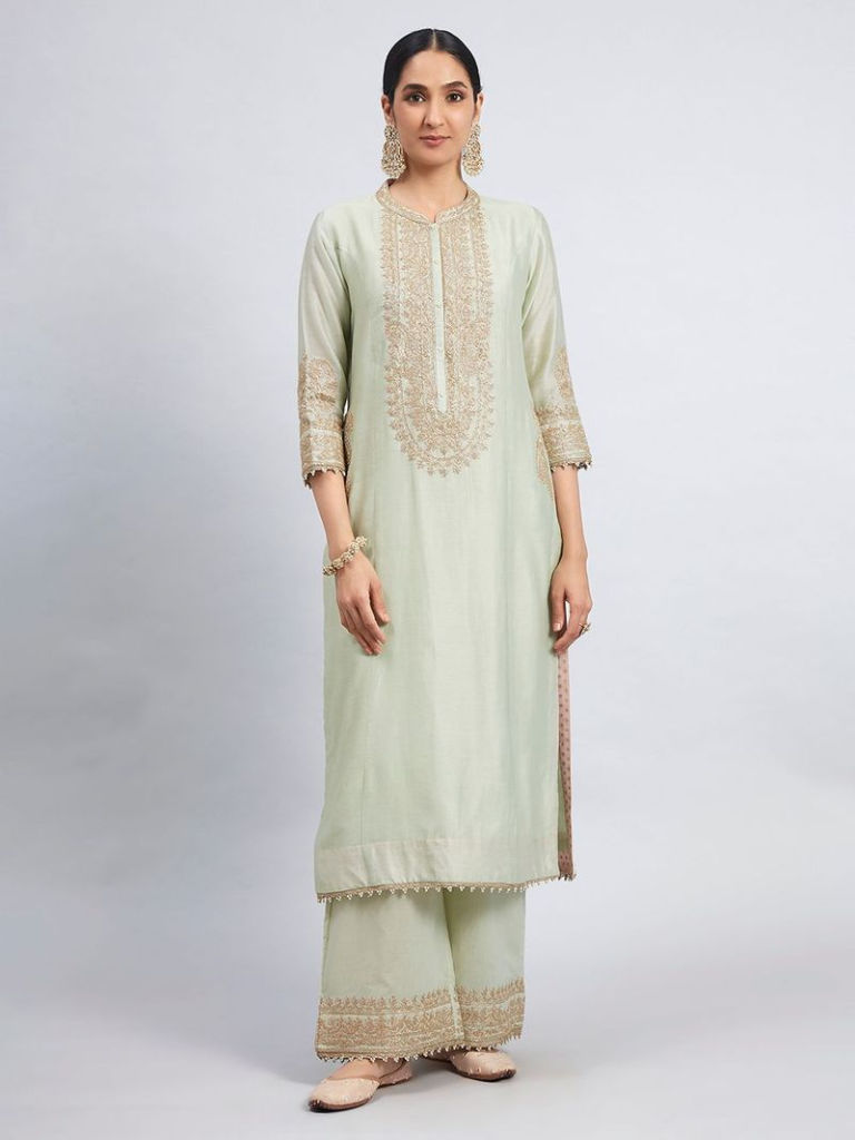 Mint Green Kashmiri Tilla Embroidered Chanderi Silk Kurta with Palazzo