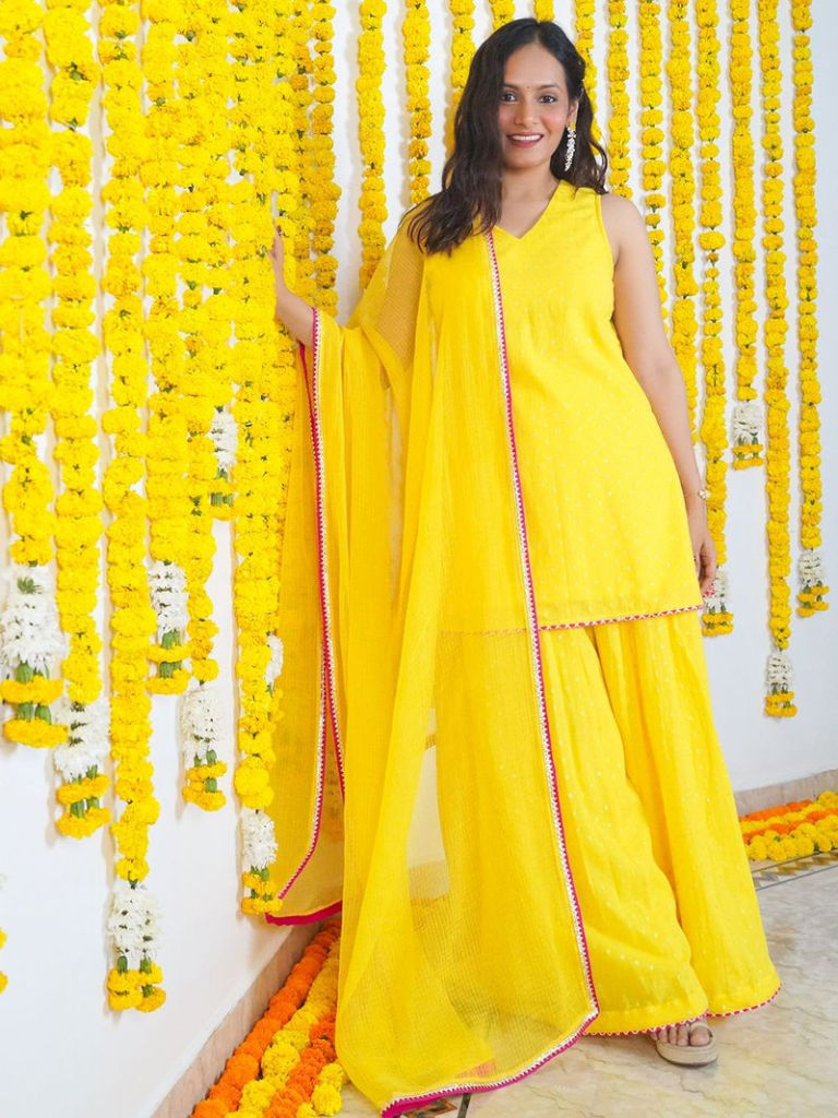 Yellow Cotton Lurex Sharara Suit