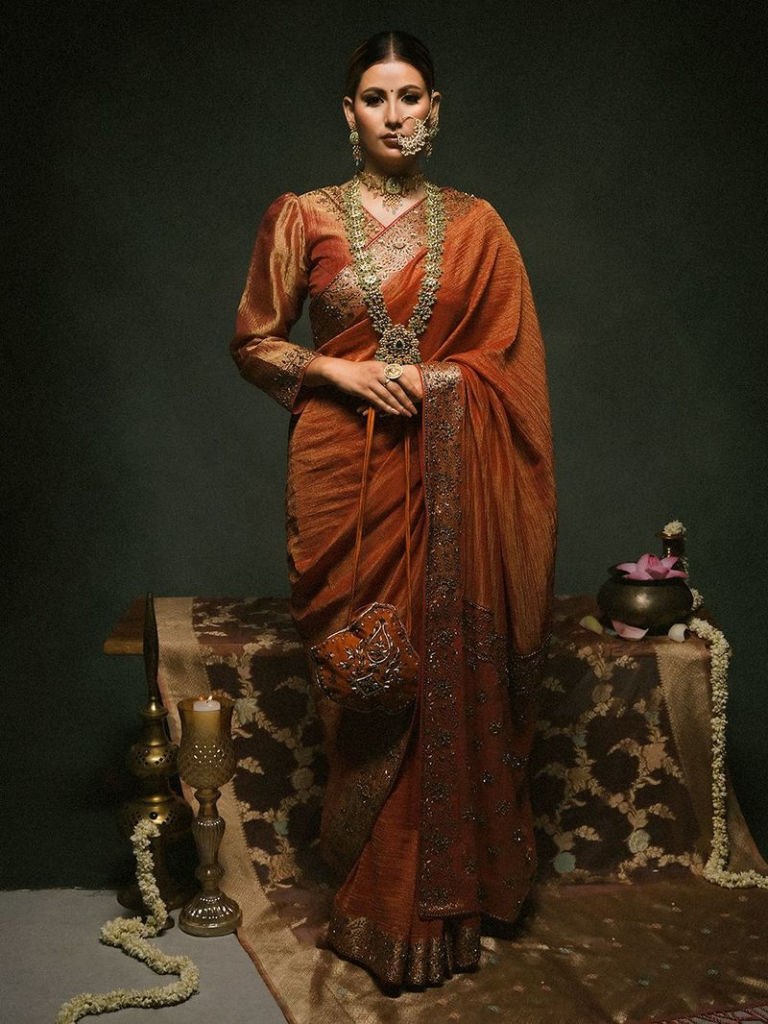 Rust Zardozi Hand Embroidered Crushed Tissue Saree with Blouse