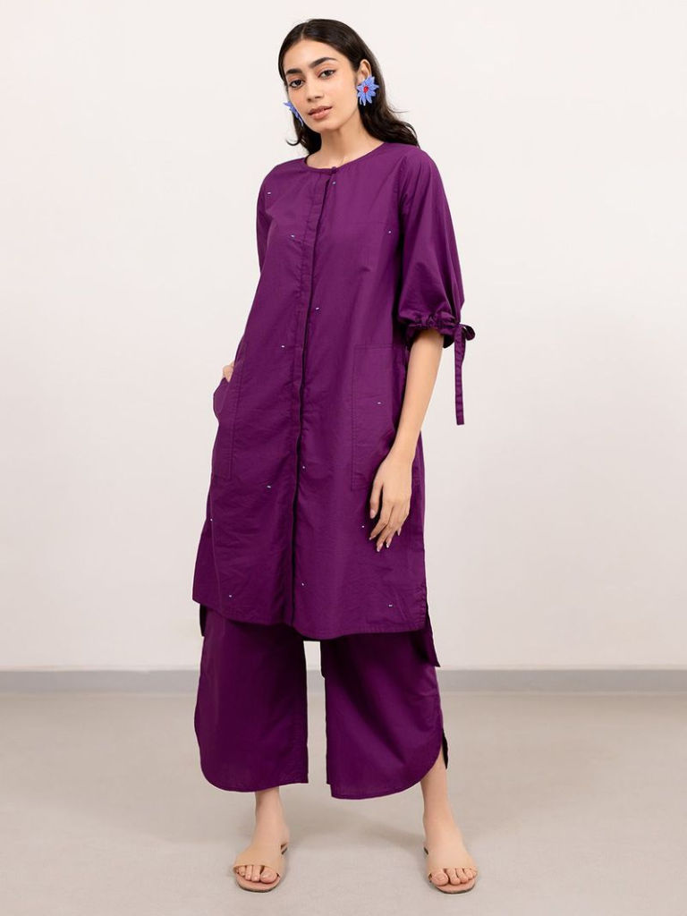 Purple Bead Work Cotton Poplin Tunic