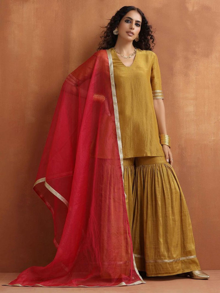 Yellow Viscose Tissue Sharara Suit