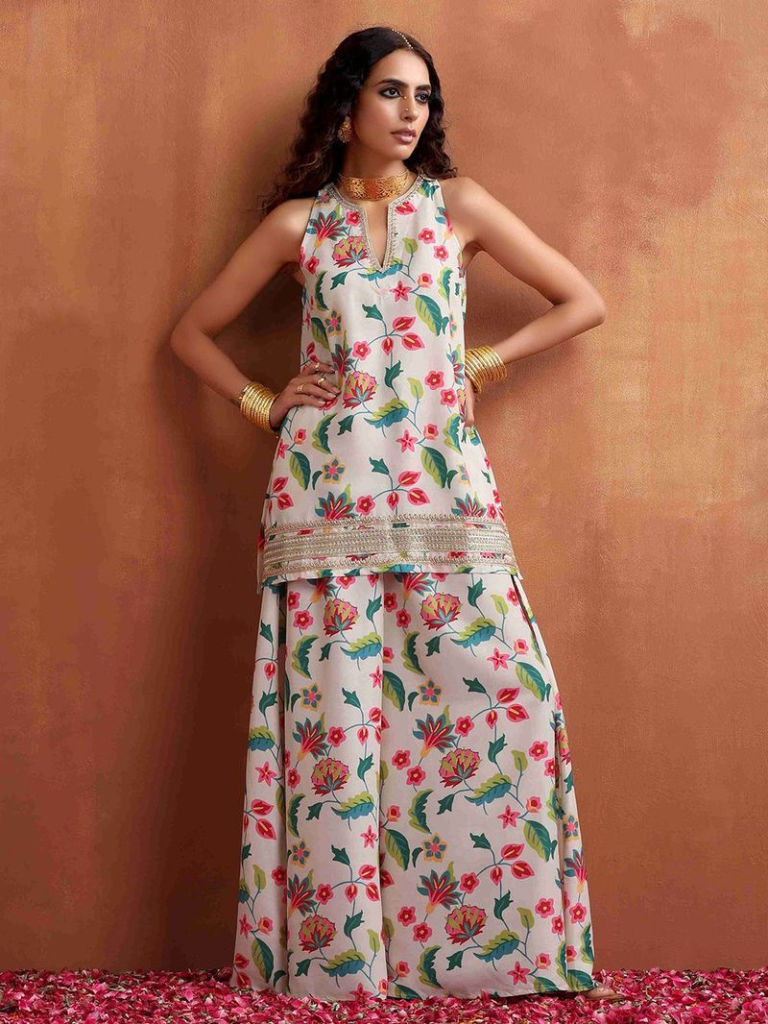 Off White Printed Viscose Blend Kurta with Sharara