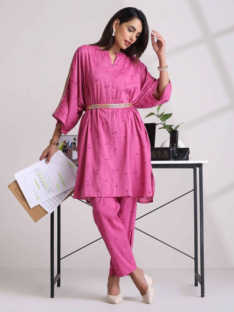 Pink Printed Viscose Blend Kaftan with Belt and Pants