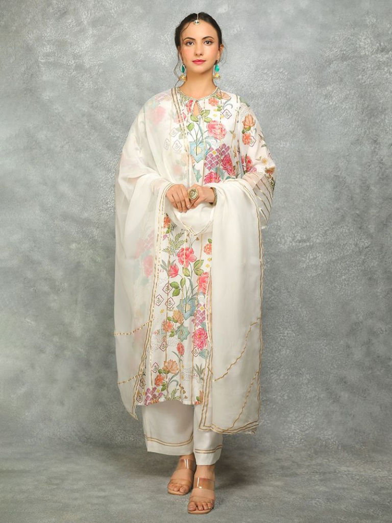 White Printed Cotton Silk Suit