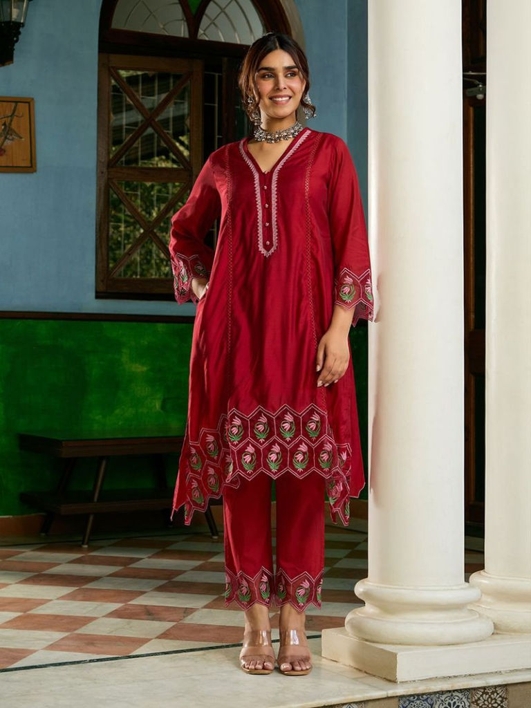 Red Embroidered Viscose Chanderi Kurta with Pants