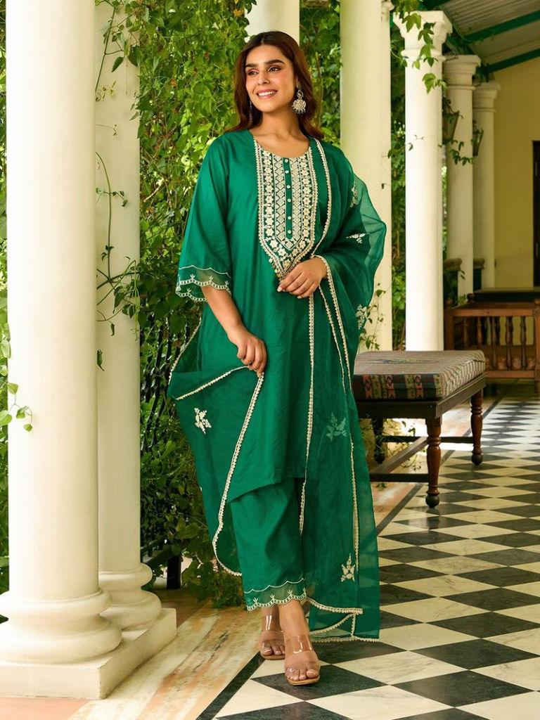 Green Embroidered Viscose Chanderi Kurta with Pants