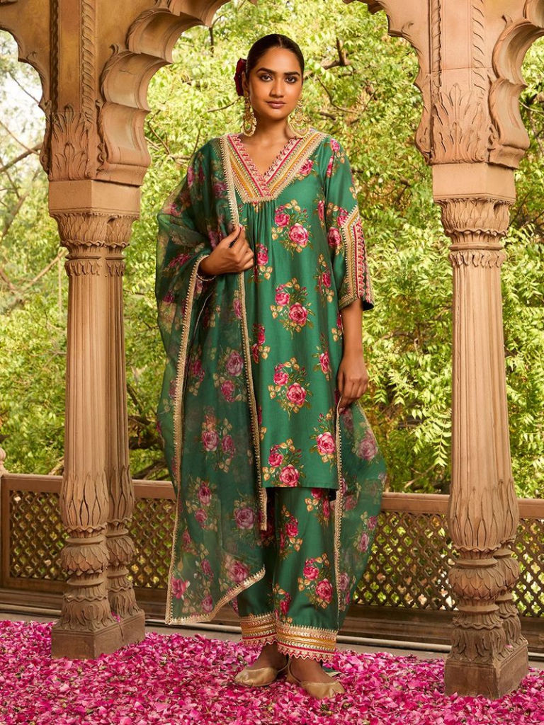 Green Printed Viscose Chanderi Kurta with Pants