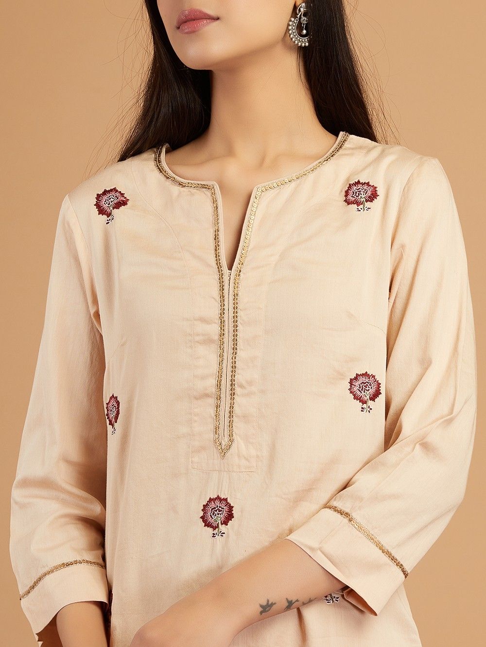 Designer Cotton A-Line Suit Set for Women with Pintucks, Beadwork and Embroidered Dupatta main image 1