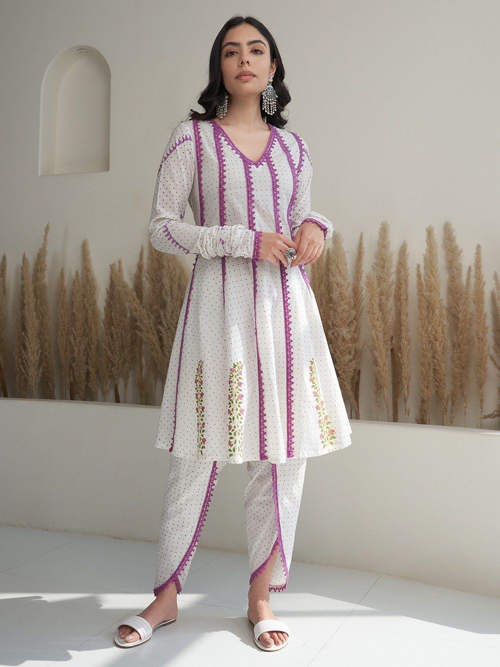 Buy White Lilac Hand Block Printed Cotton Anarkali Kurta with Dhoti Pants-  Set of 2 | VJ81MAR102/KP/IL/VJ81MAR | The loom