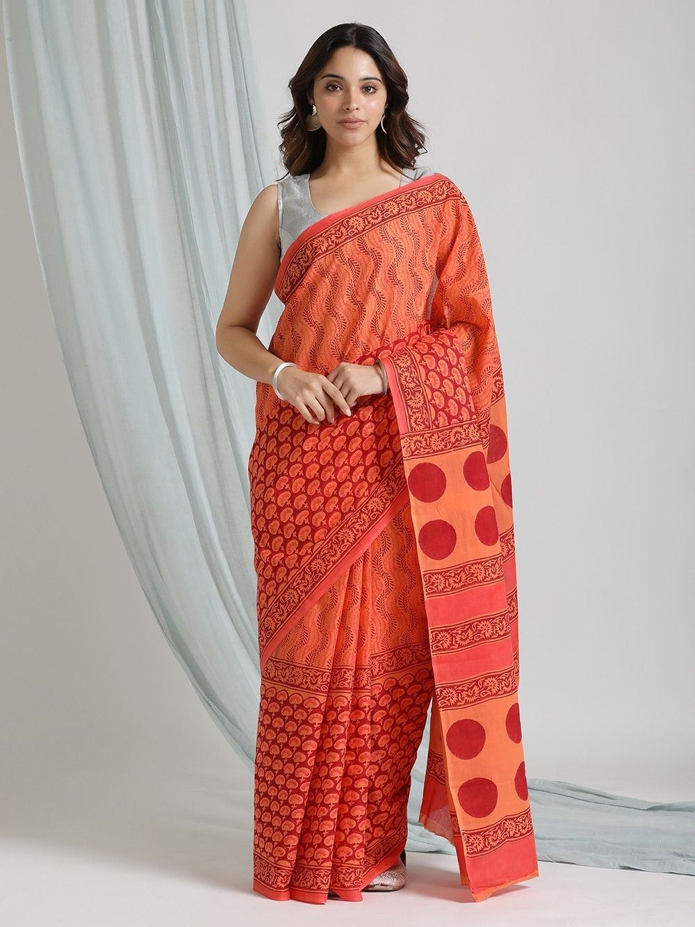 the loom - Red Orange Hand Block Printed Cotton Mul Saree