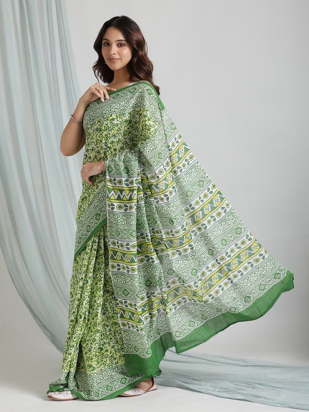 the loom - Green Hand Block Printed Cotton Mul Saree