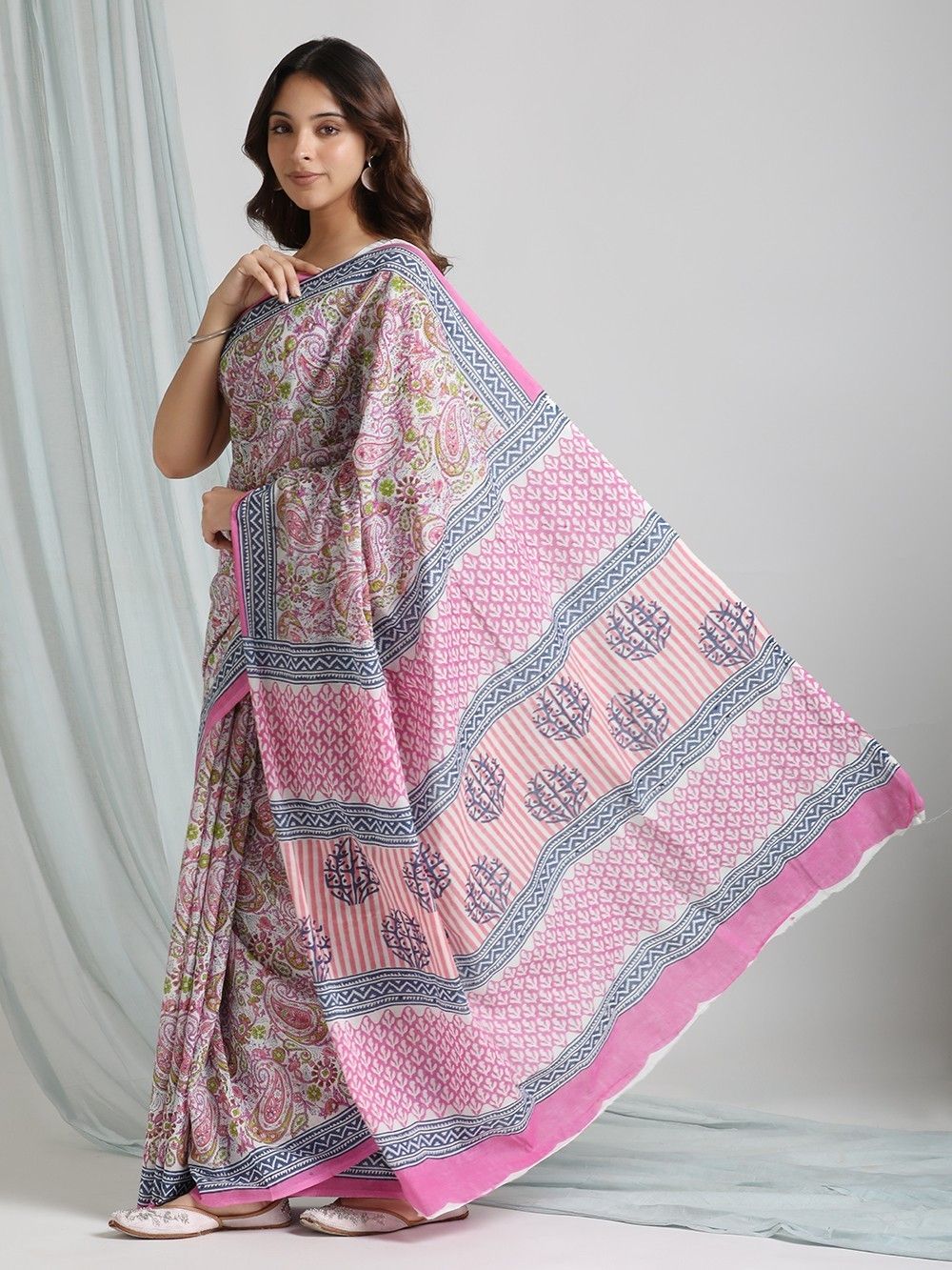 the loom - Pink Green Hand Block Printed Cotton Mul Saree