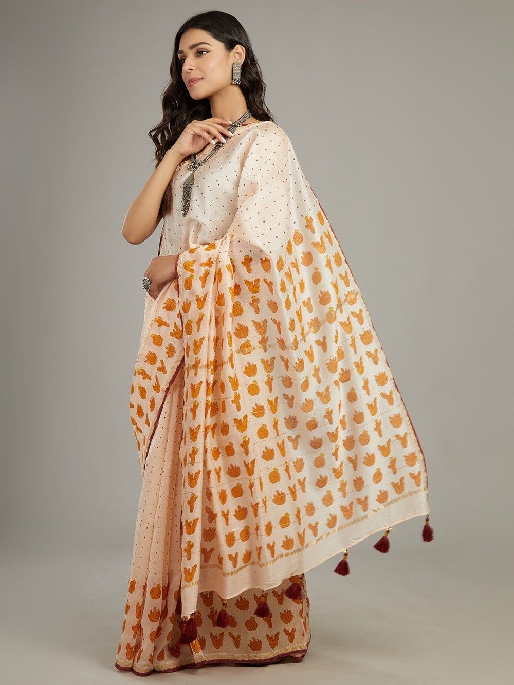 the loom - Peach Orange Hand Block Printed Chadneri Saree