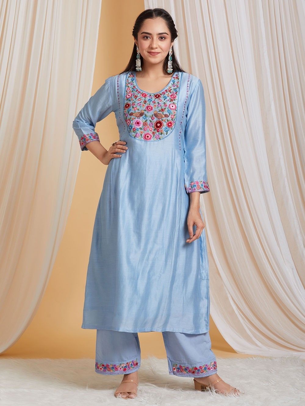 the loom - Sky Blue Embroidered Chanderi Kurta