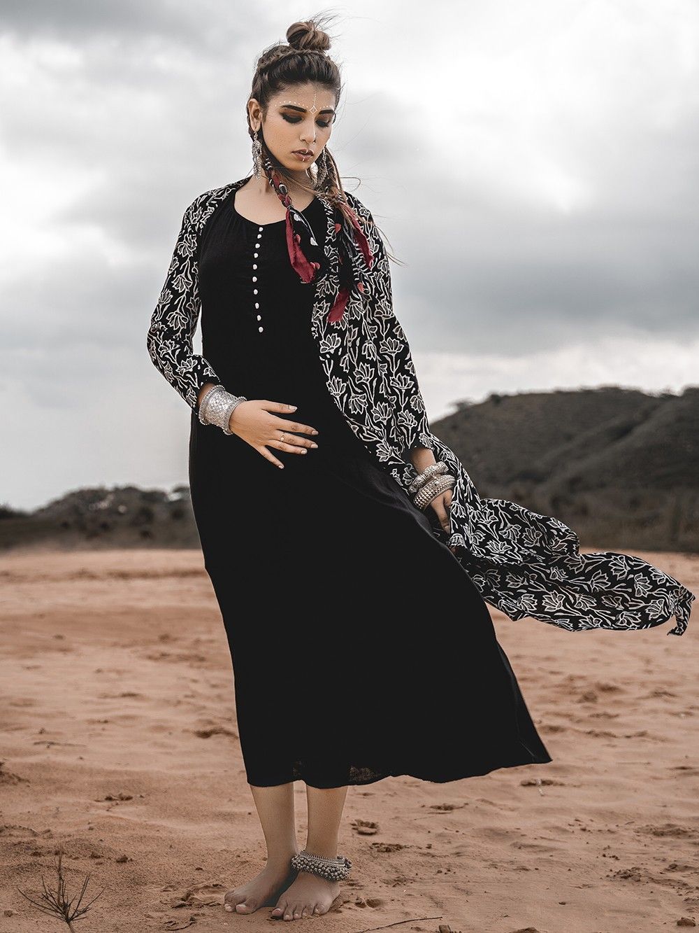 Beige Rayon Designer Dress with Detachable Printed Jacket – MISSPRINT