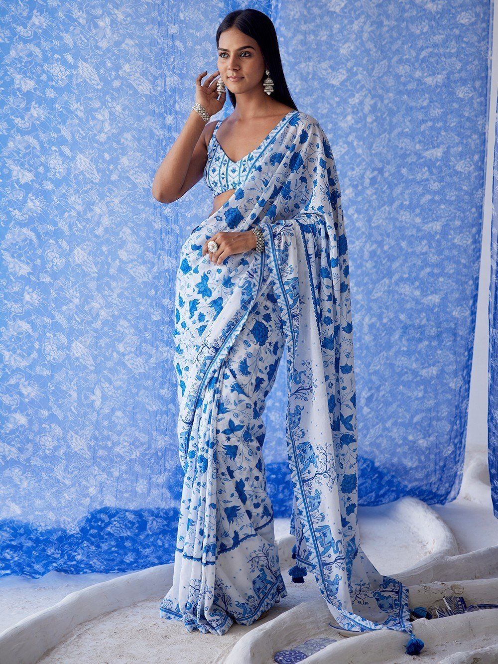 Buy White Blue Printed Cotton Georgette Saree with Modal Blouse Piece |  BGPR11/BG31JUL | The loom