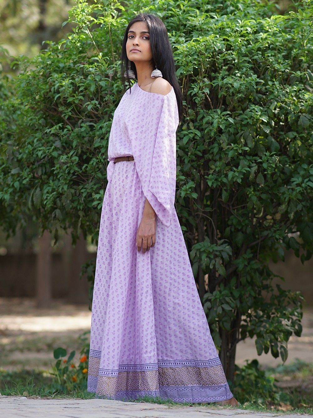 the loom - Purple Printed Cotton Off Shoulder Kaftan