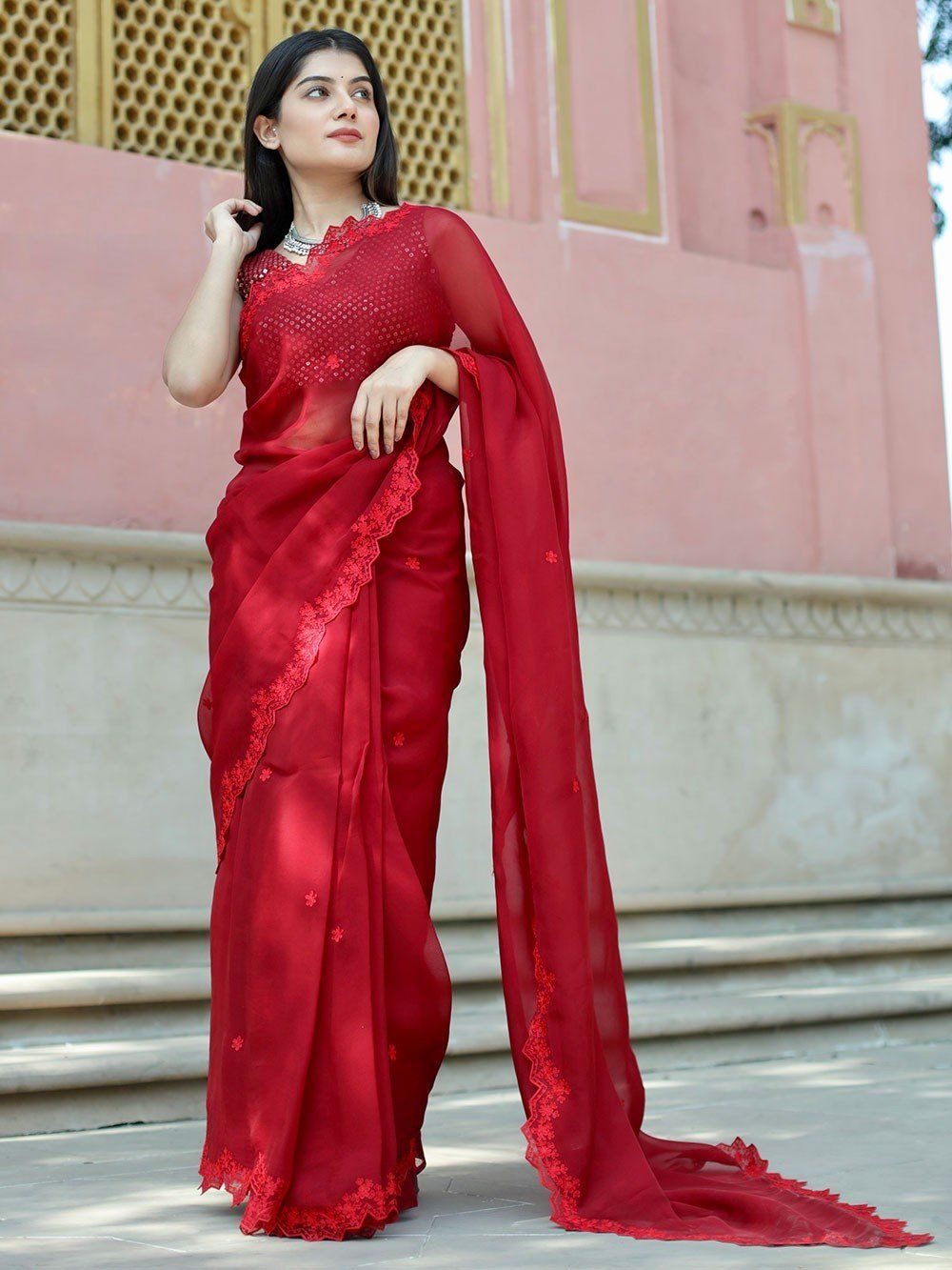 Buy Red Silk Bridal Saree With Moti Pearl Work Elegant Indian Online in  India - Etsy