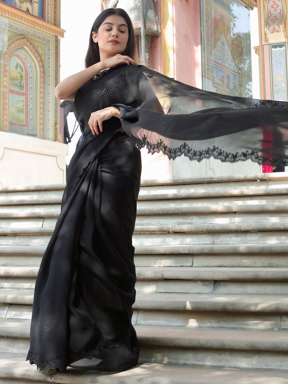 Black Chiffon Saree With Sequin Border – Faash Wear-sgquangbinhtourist.com.vn