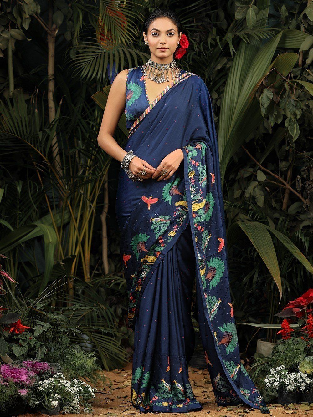Buy Blue Printed Modal Satin Saree with Blouse Piece | BGVS11/BG28MAR | The  loom