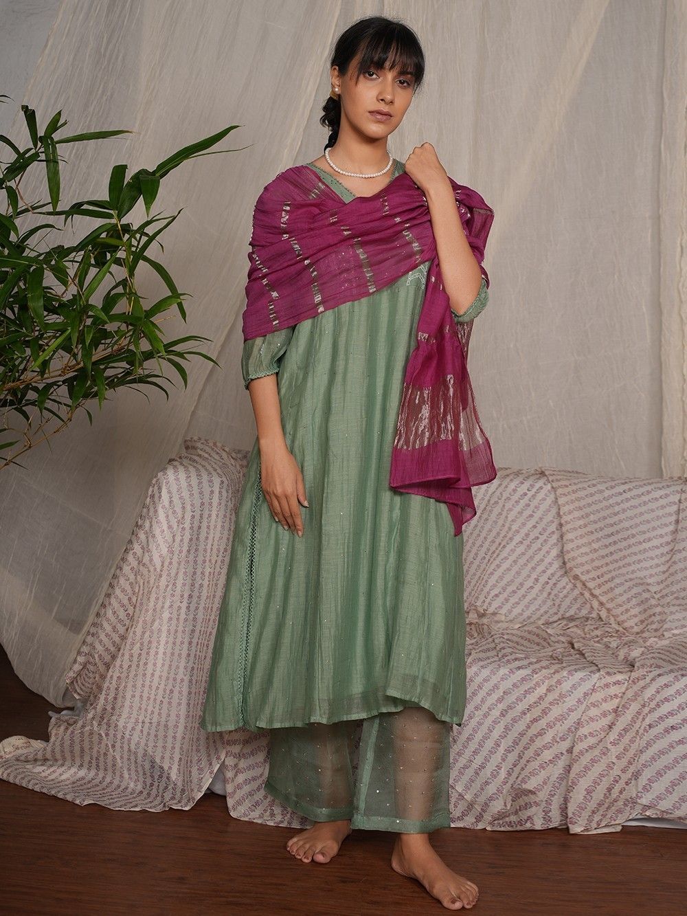 the loom - Green Chikankari Chanderi Kurta