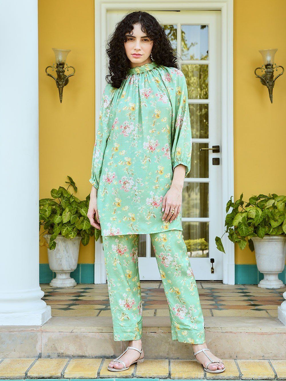 the loom - Light Green Pink Printed Muslin Co-ord Set