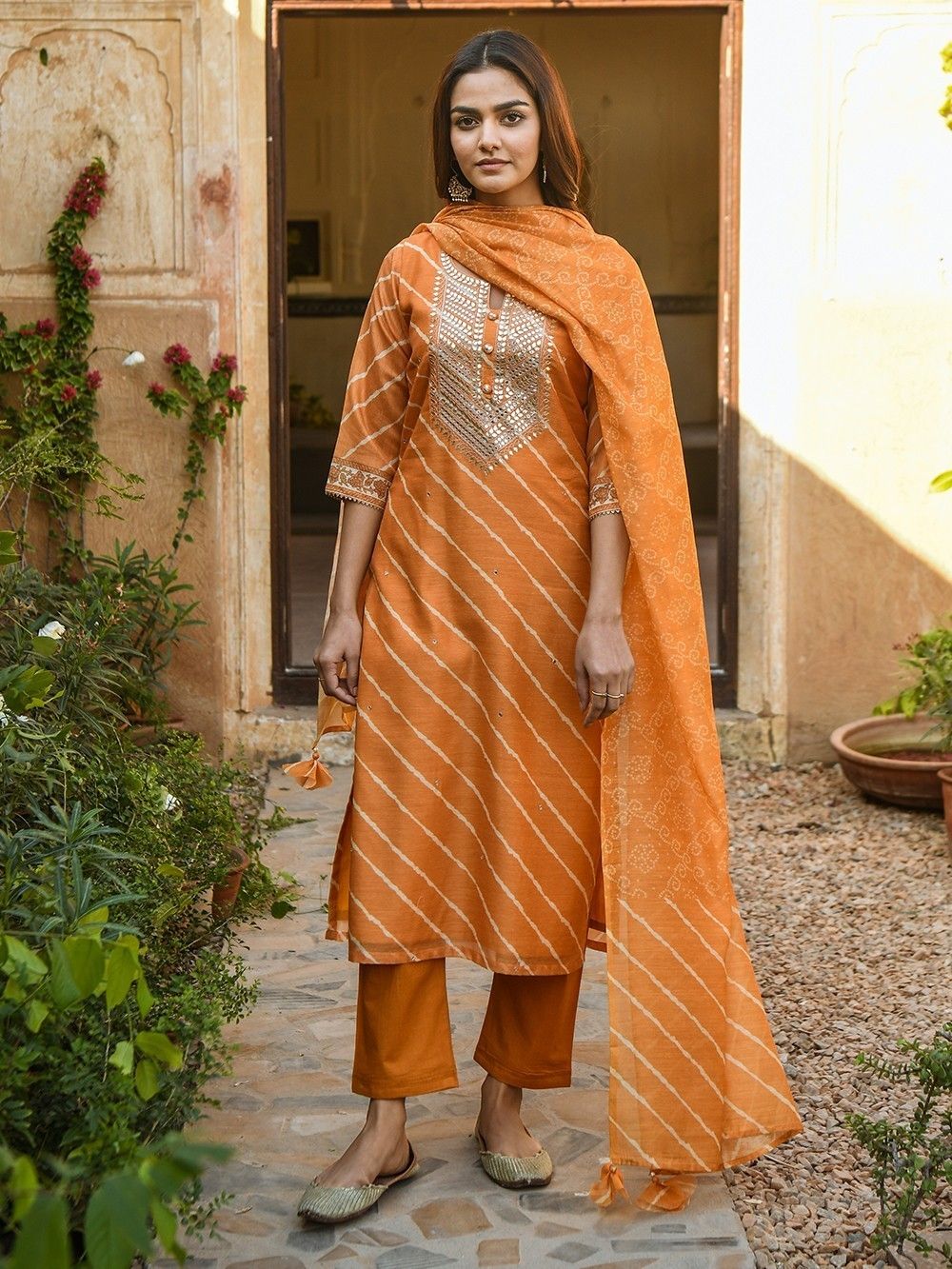 Buy Yellow Gota Patti Work Cotton Lurex Kurta with Striped Sharara and  Mulmul Leheriya Dupatta  Set of 3  DP3392SHMO3  The loom