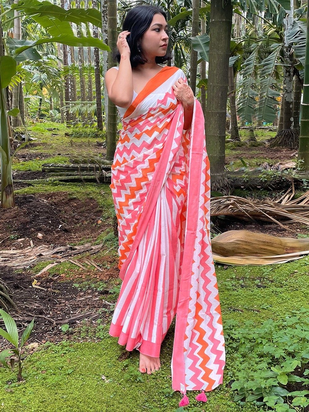 the loom - Pink Hand Block Printed Cotton Mul Saree