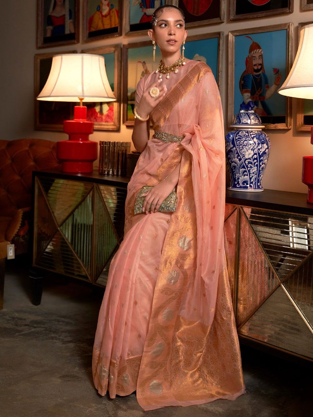 the loom - Peach Zari Organza Silk Saree