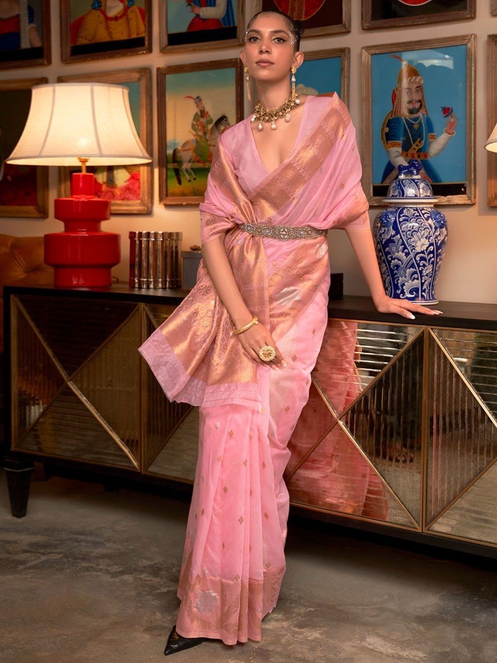 the loom - Pink Zari Organza Silk Saree