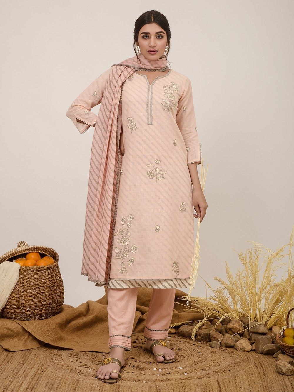 the loom - Peach Embroidered Cotton Suit