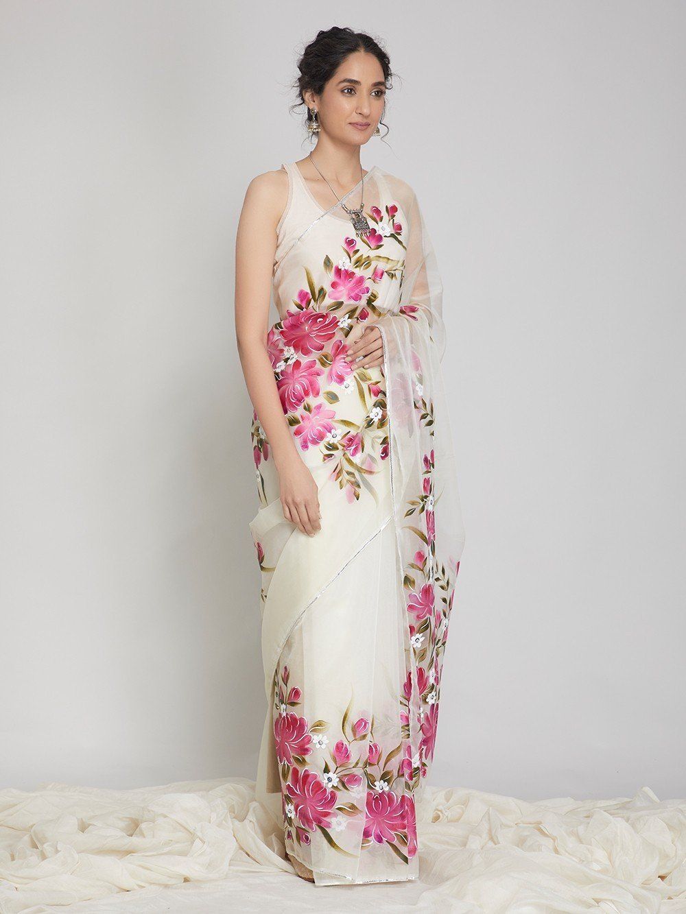 Linen Saree with Printed in White - SR23420