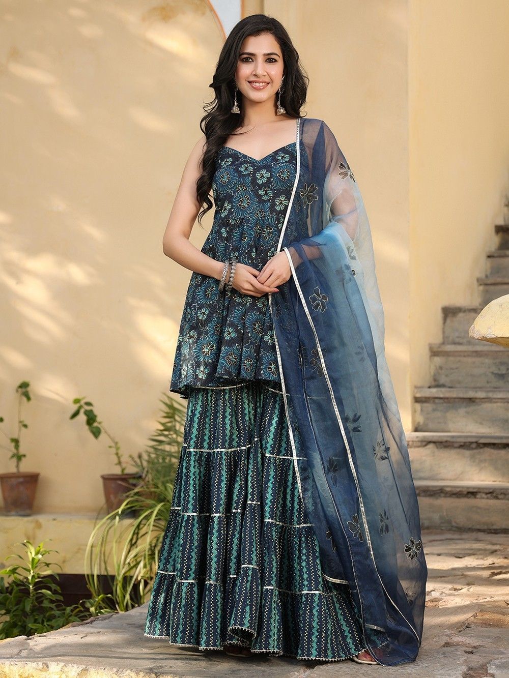 Buy Blue Printed Cotton Sharara Suit with Hand Painted Organza ...