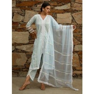 Buy Sky Blue Cotton Lace Suit with Organza Dupatta- Set of 3, AS-ROOP12/ASRU3