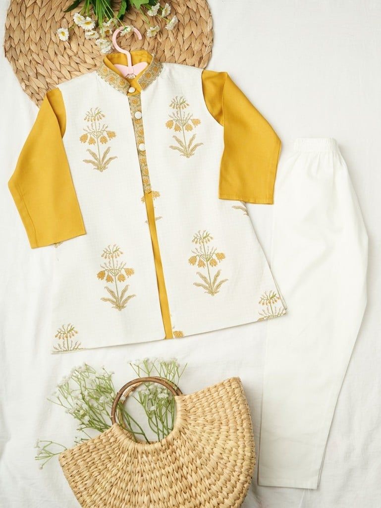 Yellow Rayon Kurta with White Hand Block Printed Cotton Jacket and Churidar - Set of 3