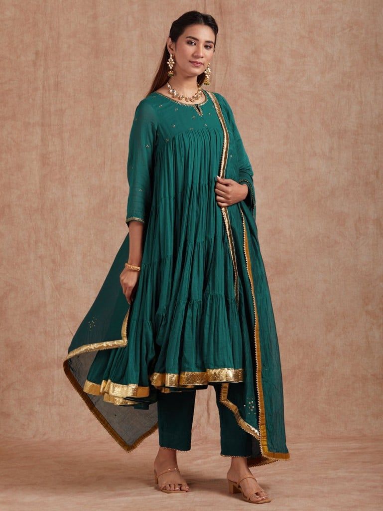 Teal Green Zardozi Hand Embroidered Cotton Suit with Chanderi Dupatta- Set of 3
